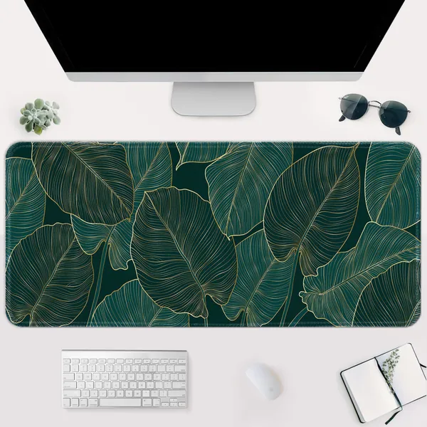 Dark Green Monstera Leaves Desk Mat Gaming Mouse Pad Nature Plant leaf with Golden Line Large Mousepad Office Desk Accessories Decor Gift
