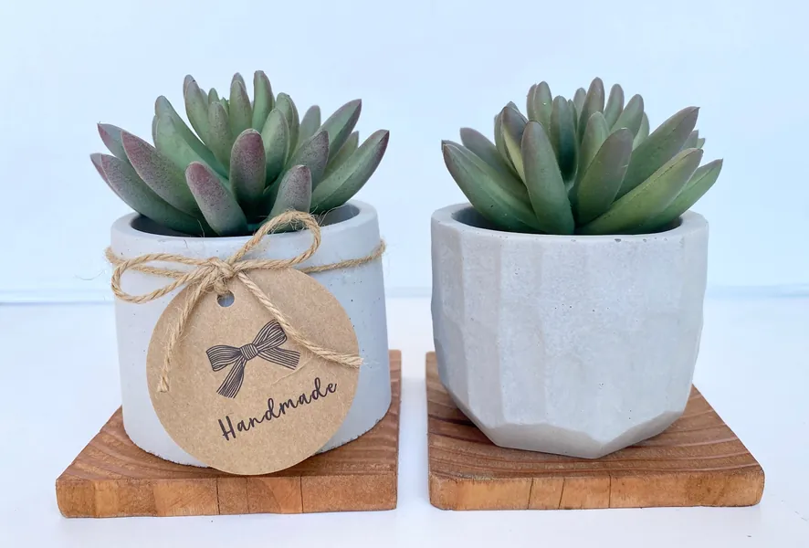 Artificial Succulent Ice Plant in handmade Concrete Pot with Wood Tray - Fake Plant - Floating Shelve Decor