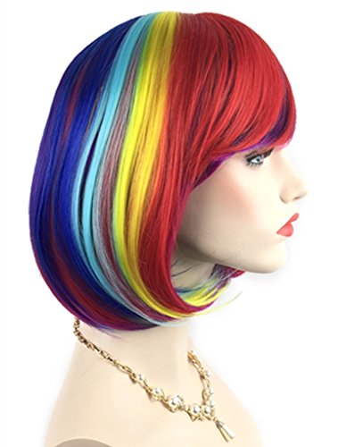 QHQ-SHININGLIFI Rainbow Bob Wigs and A Wig Cap- Women's Short Straight Multi-Color Cosplay Wigs -Comfortable& Breathable& Durable-Rose Net; wig007A - Rainbow