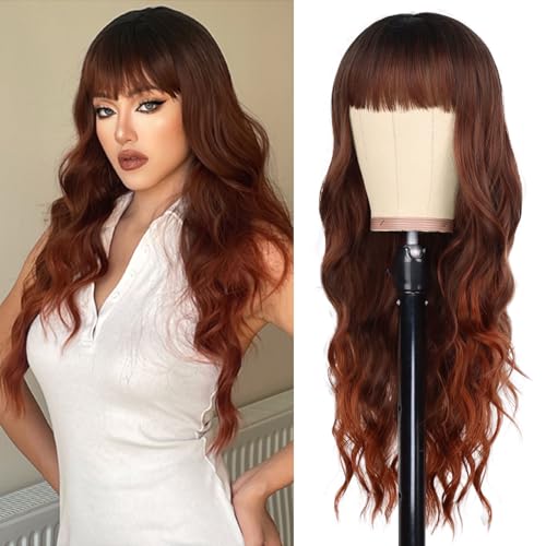 Wallden Hair Auburn Wigs with Bangs for Women Long Curly Wavy Ombre Wigs Heat Resistant Synthetic Bangs Wig for Daily Party Use (Ombre Auburn, 26 Inches) - Ombre Auburn