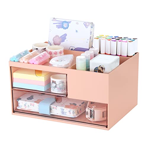 Comix Desk Organizer with 2 Drawer and 4 Compartments,Plastic Makeup Vanity Desk Organizer and Accessories, Desktop Storage for Office Supplies, Bathroom Counter or Dresser (Pink) - Pink