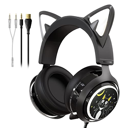SOMIC GS510 Gaming Headset, Cat Ear Headset PC Gaming Headphones with Retractable Mic Noise Cancelling, Stereo Sound, DIY Face Covers for PC, PS4, PS5,Xbox One(Only White LED Light) - Wired - Black
