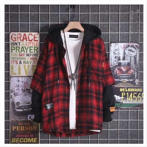 Men's Hooded Plaid Long Sleeve Shirt