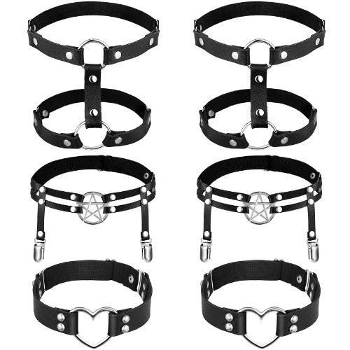 6 Pieces Adjustable Garter Belts with Anti-Slip Clips, Elastic Punk Thigh Ring Garter Star Shaped Leg Garter Heart-Shaped Leg Ring 2 Rows Thigh Belt Suspender for Women Girls