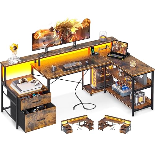 ODK L Shaped Desk with File Drawer, 66" Reversible L Shaped Computer Desk with Power Outlet & LED Strip, Office Desk with Storage Shelves, Gaming Desk with Monitor Shelf, Corner Desk, Vintage - 66 Inch - Vintage