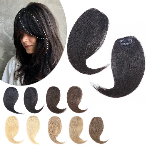 SEGO Clip in Bangs 100% Real Human Hair 10 inch 2PCS French Bangs Wave Fringe Side Bangs Swept Natural look Hair Piece 15g/Pcs-Natural Black