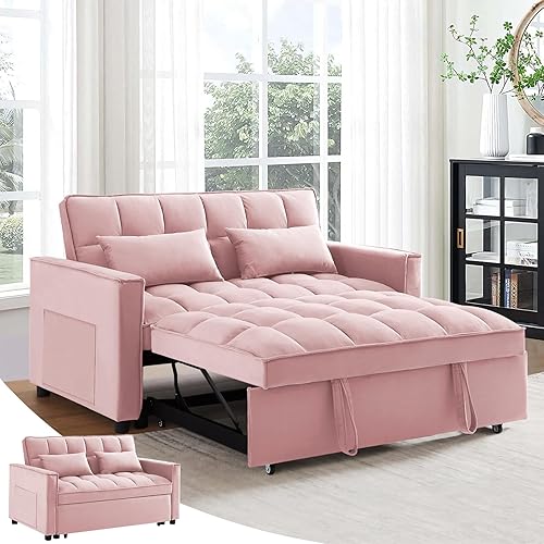Antetek 3 in 1 Convertible Sleeper Sofa Bed, Modern Velvet Loveseat Futon Couch w/Pullout Bed, Small Love Seat Lounge Sofa w/Reclining Backrest, Toss Pillows, Pockets, Furniture for Living Room, Pink - Pink
