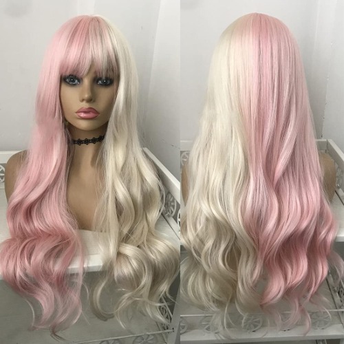 Wiwige Pink Blonde Wig Long Curly Wavy Split Wig With Bangs Synthetic Party Cosplay Hair Wig (Half Blonde Half Pink)