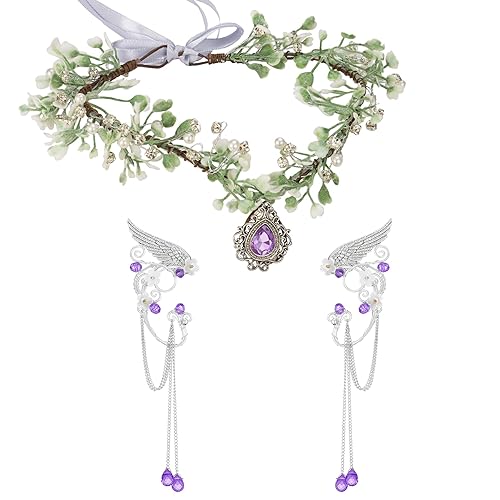 SWEETV Fairy Crown Elf Ears Cuffs Set Flower Crown Headpiece - Purple