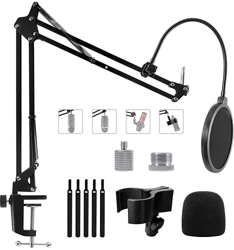 Mic Stand Boom Arm for Blue Yeti, Nano, HyperX QuadCast Snowball Fifine Shure SM7B and More Mic, Adjustable Boom Arm Desk Microphone Stand with 3/8" to 5/8" 1/4" Screw, Pop Filter Mic Clip Cable Ties
