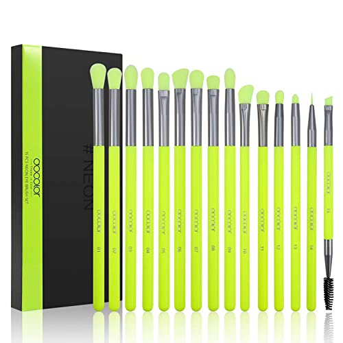 Eyeshadow Brushes Docolor Eye Makeup Brushes 15pieces Professional Eye Makeup Brush Set with Premium Wooden Handles for Eyeshadow, Concealer, Eyebrow, Eyelash and Eye Liners Neon Green - 15 Pieces