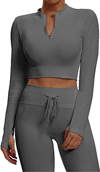 Mayround Sportswear Fitnessset für Damen 2 Teiliges Outfits Langarm Fitnessstudio Crop Top + Hohe Taille Yoga Stretch Leggings Yoga Outfit Freizeitanzug