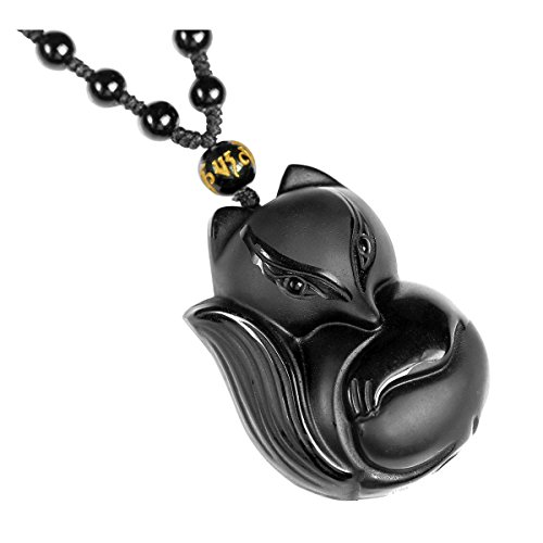 CrystalTears Natural Genuine Obsidian Lucky Fox Amulet Pendant Necklace Adjustable Woven Rope Beads Hanging Ornament