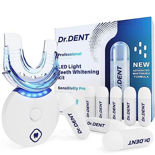 DrDent Professional LED Teeth Whitening Kit - Sensitivity Free Formula - 8 Teeth Whitening Gel Pods 33.6ml - Helps to Remove Stains - Includes Mouth Tray & Shade Guide - Rapid & Effective Results