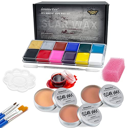 immetee SFX Makeup Kit, Special Effect Face Body Paint Halloween Makeup, Face Paint Oil Palette+3 Scar Wax+1 Fake Blood+4 Paint Brushes+1 Spatula+1 Stipple Sponge+1Palette. - Halloween Makeup Kit