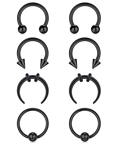 Funseedrr 8pcs Horseshoe Nose Lip Labret Ring Stainless Steel 16G 6/8/10/12mm Hoop Septum Tragus Helix Cartilage Earring Piercing Jewellery - Style 2