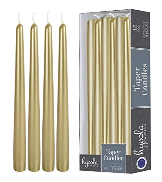 Hyoola Tall Metallic Cream Gold Taper Candles - 10 Inch - Dripless - 12 Pack - 8 Hour Burn Time