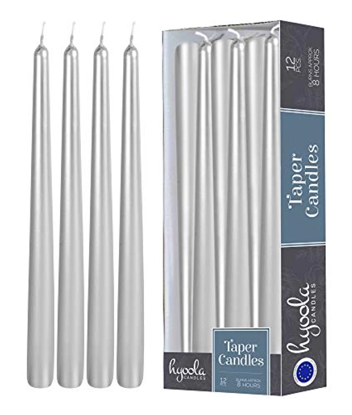 Hyoola 12 Pack Tall Metallic Taper Candles - 10 Inch Silver Metallic, Dripless, Unscented Dinner Candle - Paraffin Wax with Cotton Wicks