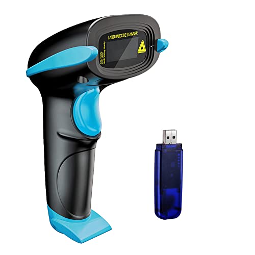 NADAMOO Wireless Barcode Scanner 328 Feet Transmission Distance USB Cordless 1D Laser Automatic Barcode Reader Handhold Bar Code Scanner with USB Receiver for Store, Supermarket, Warehouse - Blue - Blue