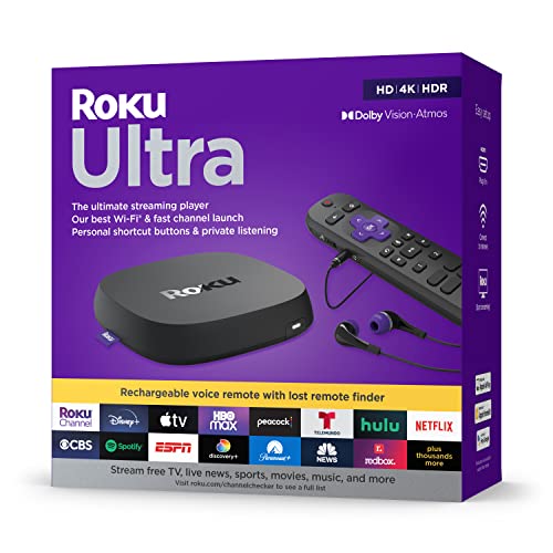 Roku Ultra | The Ultimate Roku Streaming Device 4K/HDR/Dolby Vision/Atmos, Rechargeable Roku Voice Remote Pro, Ethernet Port, Hands-Free Controls, Lost Remote Finder, Free & Live TV - Streaming Device,2022