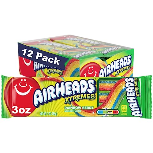 Airheads Xtremes Belts, Rainbow Berry Flavor, Sweetly Sour Candy, Non Melting, Bulk Movie Theater and Party Bag, 3 Ounce (Pack of 12) - Rainbow
