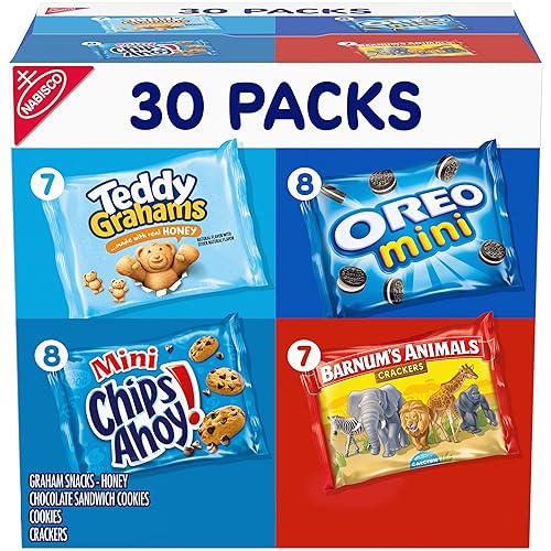 Nabisco Team Favorites Variety Pack, OREO Mini, CHIPS AHOY! Mini, Teddy Grahams Honey & Barnum's Animal Crackers, 30 Snack Packs - 30 Ounce (Pack of 1)