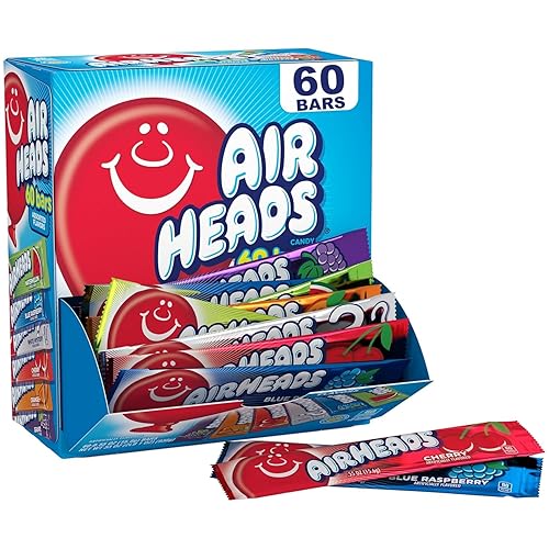 Airheads Candy Bars, Variety Bulk Box, Chewy Full Size Fruit Taffy, Halloween, Non Melting, Party, 60 Count (Packaging May Vary), Original Version, 33 Ounce - Variety - 60 Count (Pack of 1)