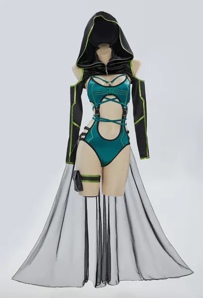 Viper Derivative Swimsuit Green Cutout Bodysuit and Short Coat with Leg Straps and Skirt Hem