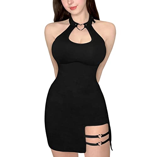 LittleForBig Donne Cotone Overall Colletto Vampy Bodycon Mini Abito Gonna - Nero - L
