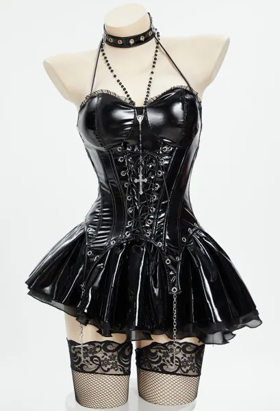 Misa Derivative Sexy Lingerie Costume Black Lace-up Corset and Skirt with Gloves Necklace