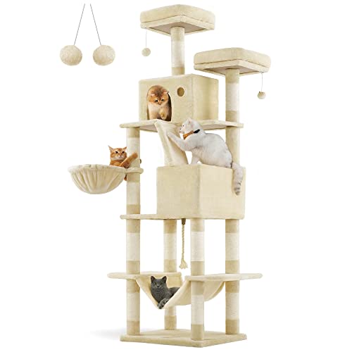 Feandrea Cat Tree, 206 cm Large Cat Tower with 13 Scratching Posts, 1 Scratching Ramp, 2 Perches, 2 Caves, Basket, Hammock, Pompoms, Multi-Level Plush Cat Condo for Indoor Cats, Beige PCT190M01 - XXL (60 x 50 x 206 cm) - Beige