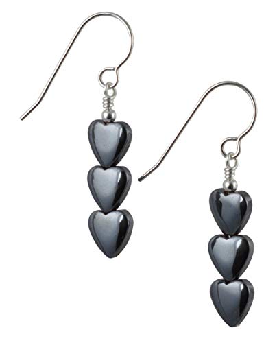 Small Haematite Heart Gemstone & Sterling Silver Drop Earrings + Gift Box