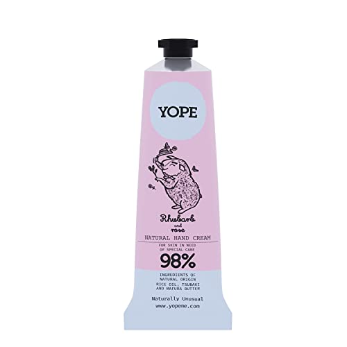 YOPE Natural Hand Cream | Rice, Tsubaki Oil | Mafura Butter | Shea Butter | Vitamin E | Rose and Rhubarb Extract | Regenerating | Moisturising Intensely | Rhubarb and Rose 50ml - Rhubarb and Rose - 50 ml (Pack of 1)