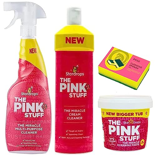 PKGE 850g Pink Stuff Cleaning Paste Non-Toxic with 750ml Pink Stuff Spray & 500ml Pink Stuff Cream Cleaner Multipurpose Household Bathroom Cleaner- Includes 1x Cleaning Sponge