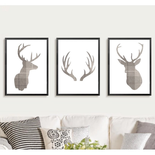 Tartan stag head prints. Set of 3 Reindeer antlers. Country wall art. Rustic farmhouse deer pictures cottage. Check home decor Tweed grey