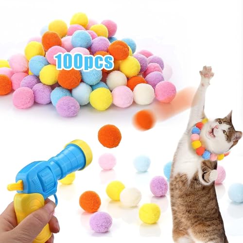 Kitten Toys, Interactive Cat Toys, 100 Cat Pom-Poms Balls & 2 Cat Toy Launcher , Cat Toys for Indoor Cats DIY Set, Suitable for Training and Playing (Multicolor, Attached 3 Plastic Ball)