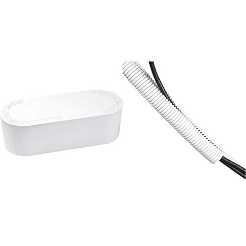 D-Line Cable Tidy Box Hide and Conceal Extension Blocks and Electrical Cables - Large, White & Cable Tidy Tube | Cable Management Sleeve | 1.1 meter length x 32mm outer diameter – White - White - Large - + Tube, 32mm diameter