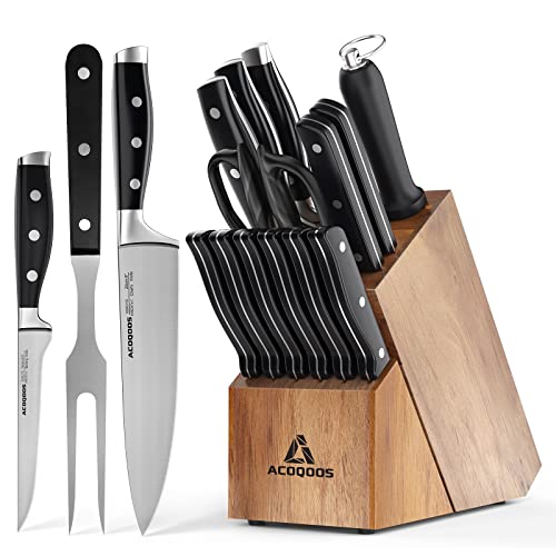ACOQOOS Knife Set with Block, Kitchen Knife Sets 17 Pieces with Sharpener and Carving Fork, Kitchen Knives with German High Carbon Stainless Steel for Chopping Slicing Dicing - 17 Pieces
