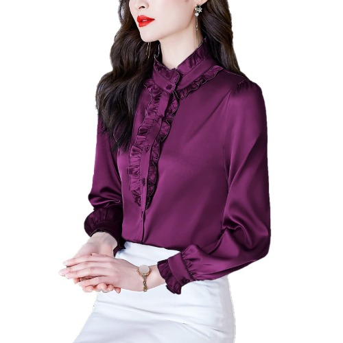 Ruffle Blouse, Long Sleeve, Collar, Shirt, Long Sleeve, Women's, Office, Casual, Stylish, Cute, Spring, Summer, Autumn, Chiffon, White, High Neck, White, Dots, Elegant, Thin, Commuting, OL Lace, See-Through Pullover, Date - XX-Large - purple berry