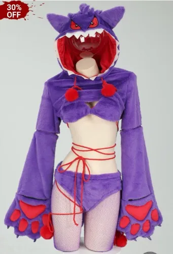 PM Derivative Sexy Hoodie Lingerie Gothic Paw Purple Hooded Lingerie Set with Tail and Stockings