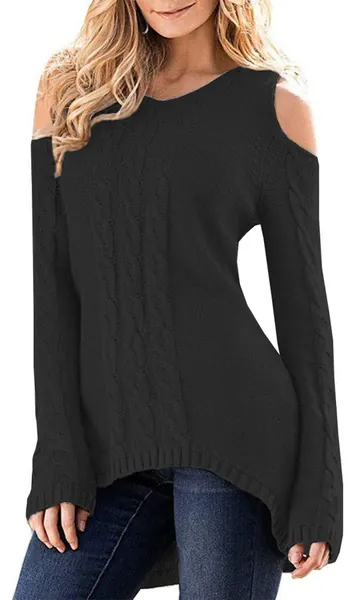 Merryfun Women's Cold Shoulder Sweater Fall Long Sleeve Knit Pullover Tops - Medium Black-1