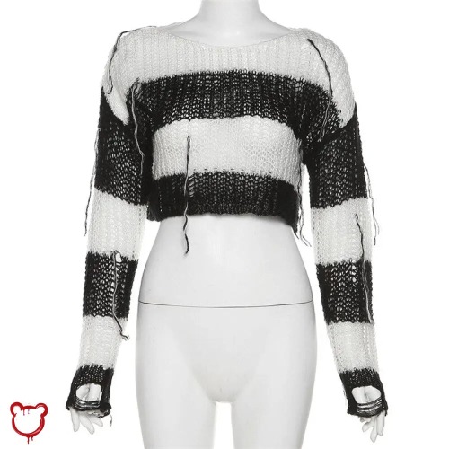'Crypt' Striped Cropped Goth Sweater - Black / L