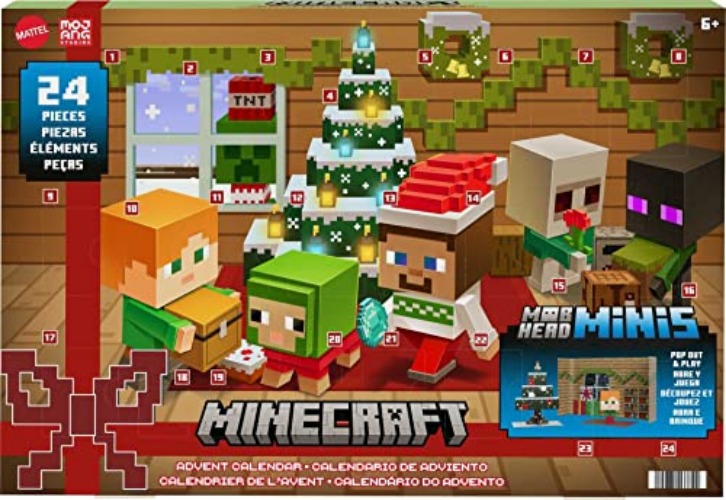 Mattel Minecraft Toys, Mob Head Minis Advent Calendar, Figures & Accessories, Collectible Holiday Gift for Kids