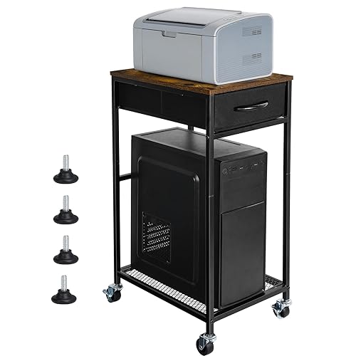 YBING Computer Tower Stand PC Tower Stand with Storage Drawer Mobile CPU Holder Stand with Caster Wheels 2 Tier Rolling Computer Tower Cart for Home Office Fax, Rustic Brown - Rustic Brown