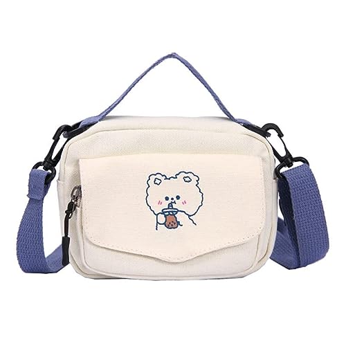 Kawaii Small Purse with Embroidery Bear Canvas Crossbody Bags for Women Kawaii Shoulder Bag Preppy Kawaii Wallet, White - White