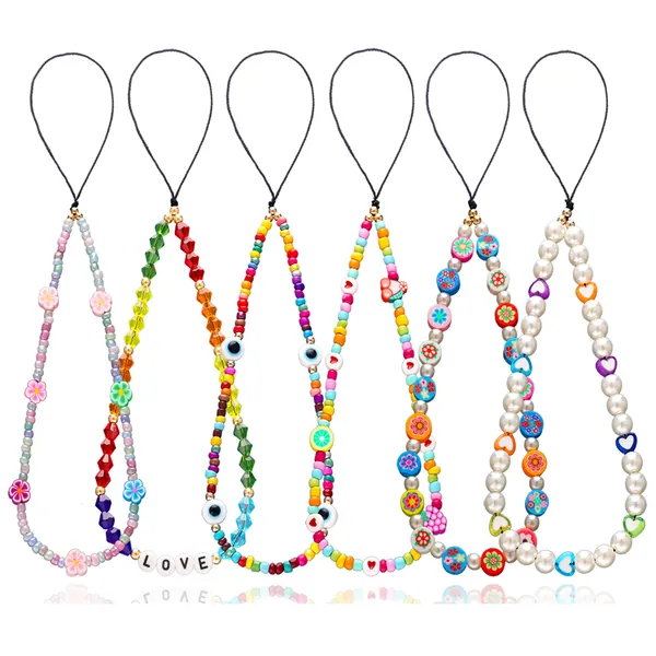 6PCS Beaded Phone Lanyard Wrist Strap Face Beaded Phone Charm Fruit Star Pearl Rainbow Color Beaded Phone Chain Strap for Women Girls - Style6-3