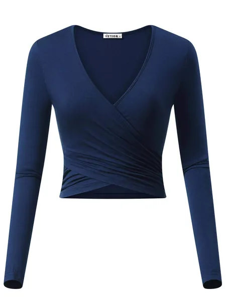 VETIOR Women's Deep V Neck Long Sleeve Unique Slim Fit Cross Wrap Shirts Crop Tops - Navy Blue Small