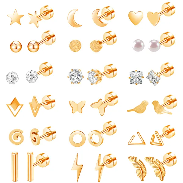 18 Pairs Stainless Steel Stud Earrings Set for Women Men Star Moon Triangle Heart Leaf 20G Cartilage Earrings Hypoallergenic Flatback Earrings Piercing Jewelry - Rose Gold