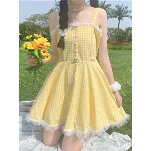 Yellow Plaid Dress with Lace Trim for Rustic Charm - S