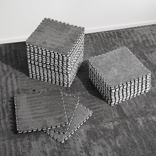 36 Pcs Plush Interlocking Carpet Tiles，Non-Toxic Shaggy Foam Carpet Tiles for Toddler Baby，Machine-Washable，Anti-Slip，EVA Foam Interlocking Tiles for Floor, Nursery, Playroom，Grey - Grey - 36P